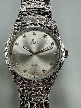 Ice Star Watch Men Silver Tone Nugget 43MM Round New Battery 8.5 Inch